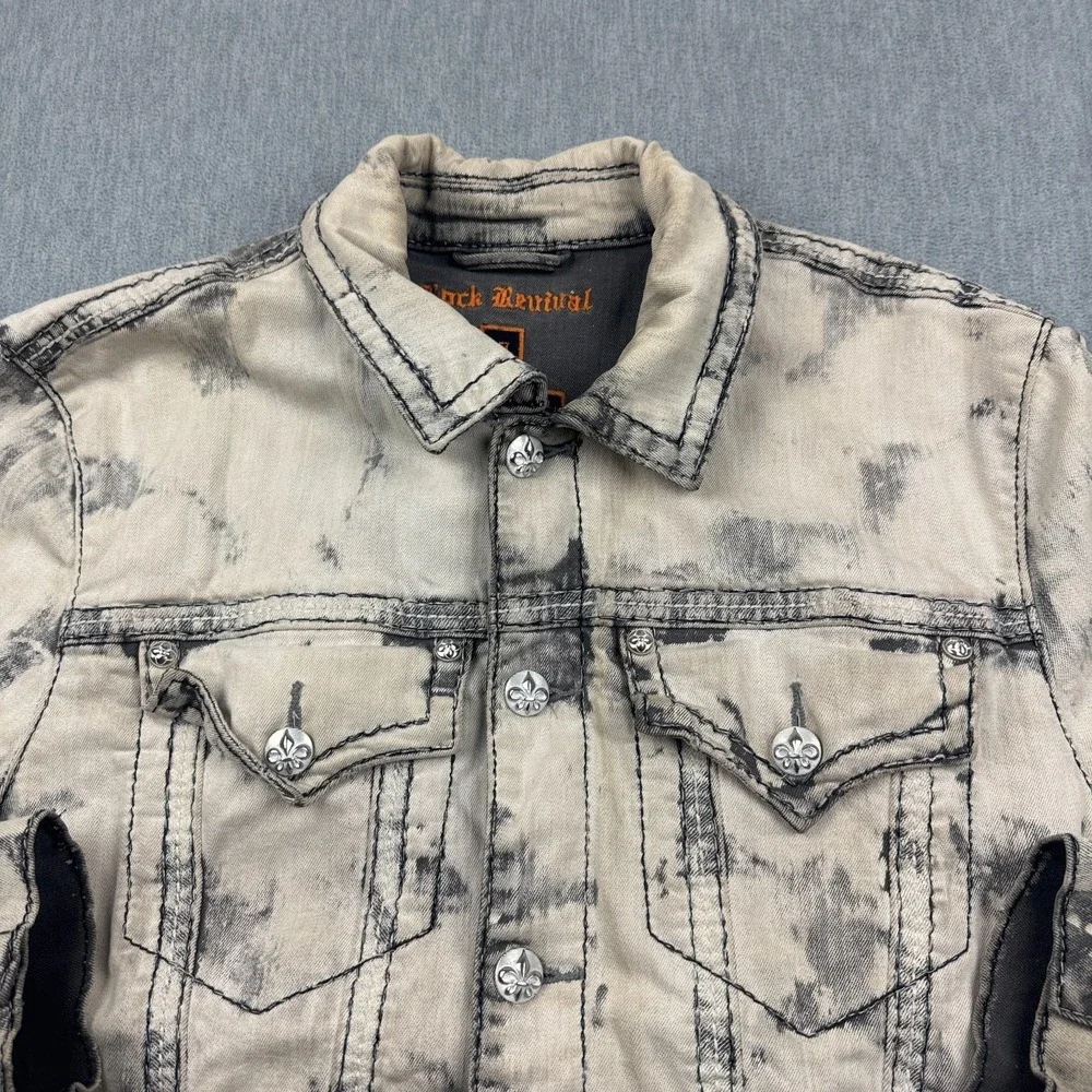 VTG‎ Rock Revival Jacket Mens XL Gray Distressed Studded Rare Custom Patch Skull